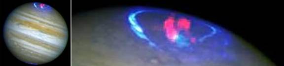 Immagine composta: Giove, brillante anello auroreale (blu) e raggi X polari (rosso) (NASA 2002)