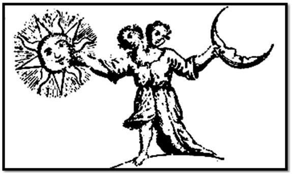 Christian Androgynes (alchemico), XVII e XVIII secolo.  Qui, l'icona ha due teste, un maschio, una femmina.  sole nella mano destra, la luna nella mano sinistra.