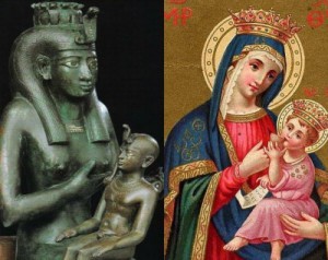 Due immagini simili: Iside con il fanciullo divino e la Vergine Maria con Gesù bambino. Secondo alcuni studiosi, Matteo avrebbe preso dagli Egizi il mito di Iside per trapiantarlo nella mitologia cristiana.