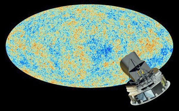 Il satellite Planck dell'Agenzia spaziale europea e sullo sfondo la mappa del fondo cosmico a microonde prodotta con i suoi dati (Cortesia ESA)