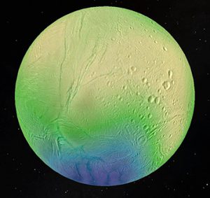 Immagine di Encelado con lo spessore del guscio di ghiaccio che lo avvolge rappresentato in falsi colori (giallo là dove lo spessore è maggiore, come nelle regioni equatoriali, e blu dove è minore, come al poslo sud). Crediti: LPG-CNRS-U. Nantes/U. Charles, Prague.